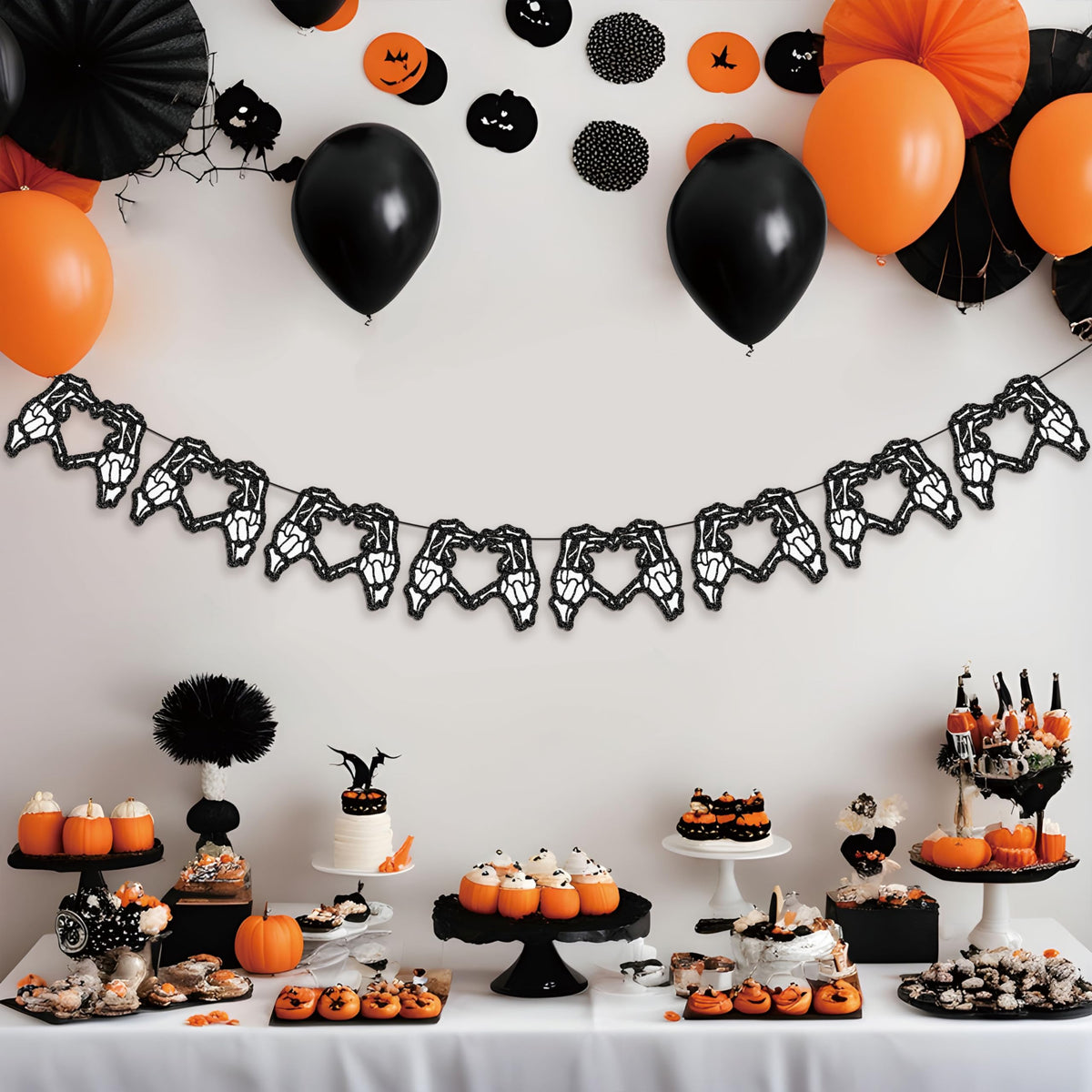 Halloween Skeleton Heart Banner for Gothic Birthday Party Decor, 8 Pieces Glitter Spooky Heart Garland Banner for Gothic Bachelorette Party Decoration and Gothic Weddings, Halloween Home Decoration