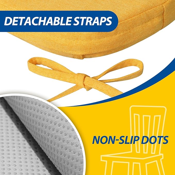 AAAAAcessories D-Shaped Chair Cushions, 2" Thick Dining Chair Pads with Ties and Removable, Machine-Washable Cover, 17" x 16", Set of 4, Golden Yellow