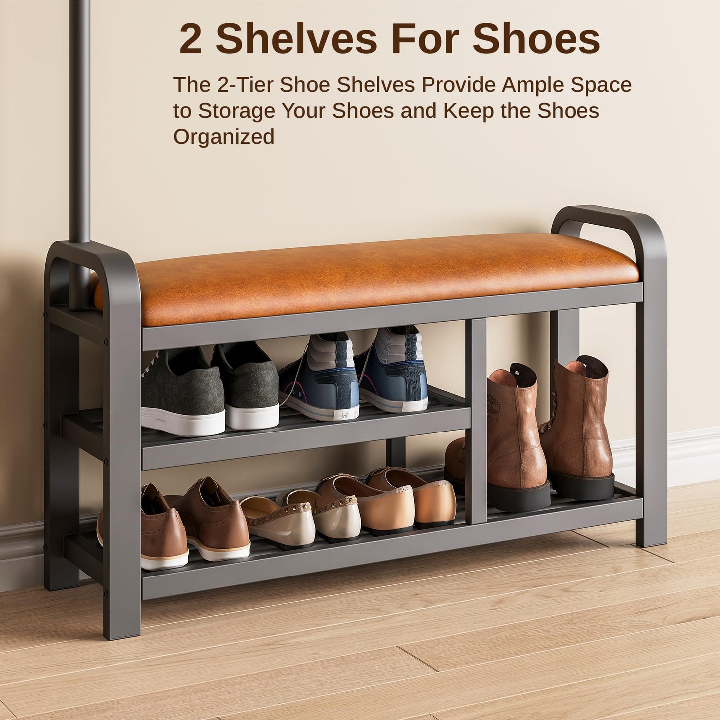 IRONCK 35" Hall Tree, Shoe and Coat Rack with Bench, 3-in-1, 2 Tier Shelves, 5 Hooks, Coat Rack with Shoe Storage for Entryway, Hallway, Rustic Brown