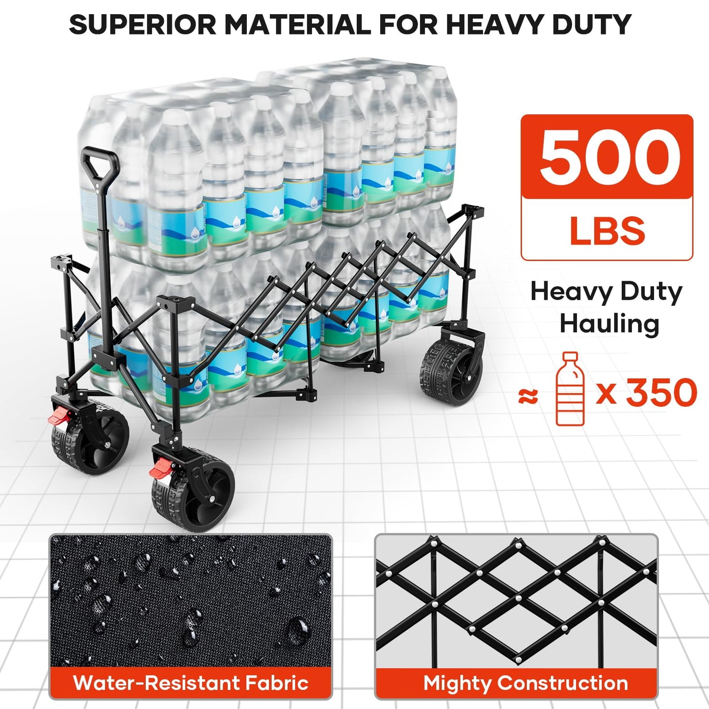 DUHKOI 49" L Collapsible Foldable Extended Wagon with 500lbs Weight Capacity,300L Heavy Duty Beach Cart,Large Utility Wagon with Cup Holders,Cart for Sports,Outdoors,Grocery,Shopping,Black