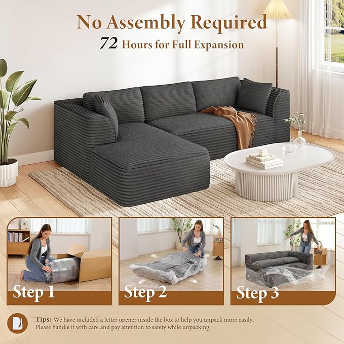 Vesgantti 106" Boneless Couches for Living Room, Deep Seat Cloud Sofa Sectional with Chaise, Corduroy Memory Foam Modular Couch Set, No Assembly Required (Dark Grey, Left-Facing Chaise)