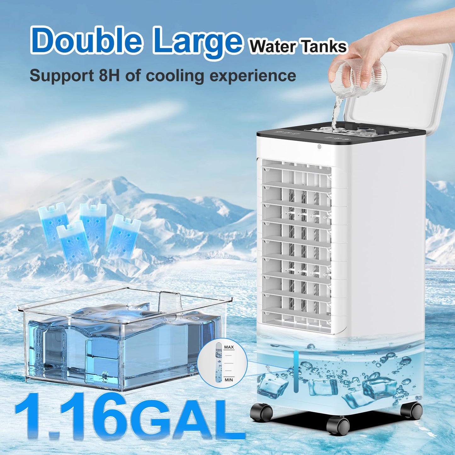 Windowless Portable Air Conditioners with Remote, Ventless Ac Unit Ductless Air Cooler,Hoseless Quiet Evaporative Oscillating Swamp Cooler,12H Timer & 4 Ice Box for Room Indoor Outdoor Office Bedroom