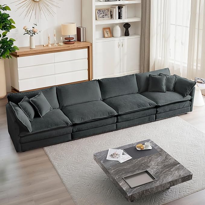 mikibama Luxury Modular Sectional Sofa, 146.5" Modern Chenille Comfy Cloud Couches for Living Room Office, 4 Seater Deep Sofa with 2 Armrest Pillows and 4 Toss Pillows, Grey