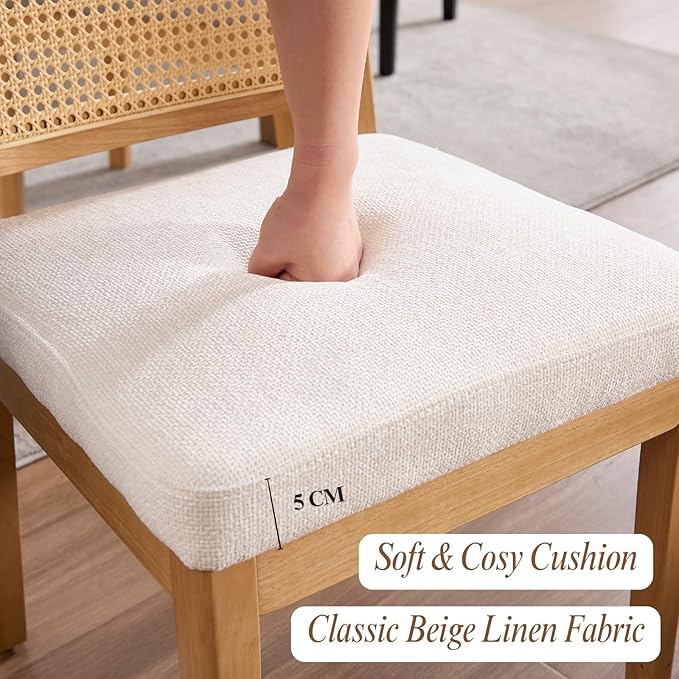 LukeAlon Modern Dining Chairs Set of 4 Farmhouse Kitchen Chairs with Woven Cane Back, Soft Chenille Upholstered Seat, Solid Wood Legs for Dining Room, Breakfast Nook, Comfortable & Stylish, White
