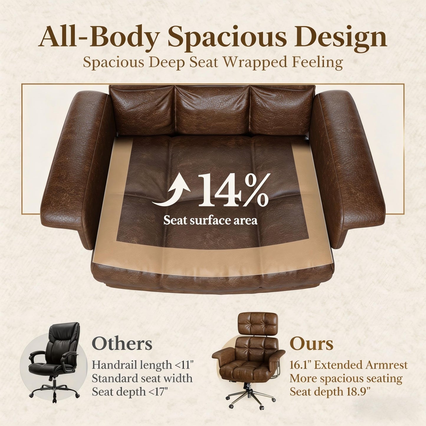 Marsail Executive Office Chair, PU Leather Ergonomic Desk Chair with Thick Cushion & Lumbar Support, Mid-Century Modern Swivel Computer Chair for Home Office, Brown
