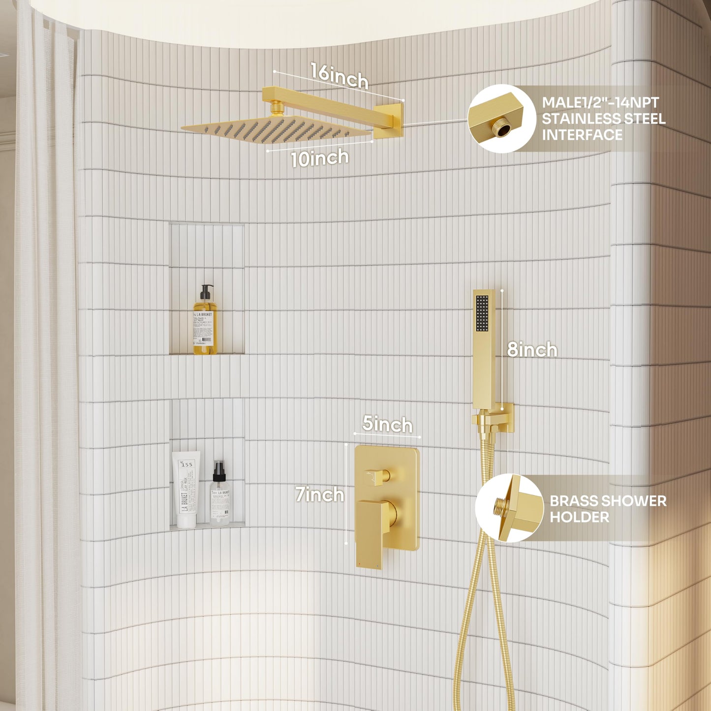 HomGoo Gold Shower System, Shower Faucet Set with 10" Rain Showerhead and Handheld Combo Spray, Bathroom Wall Mounted High Pressure Shower Combo Set Included Valve and Trim, Brushed Gold