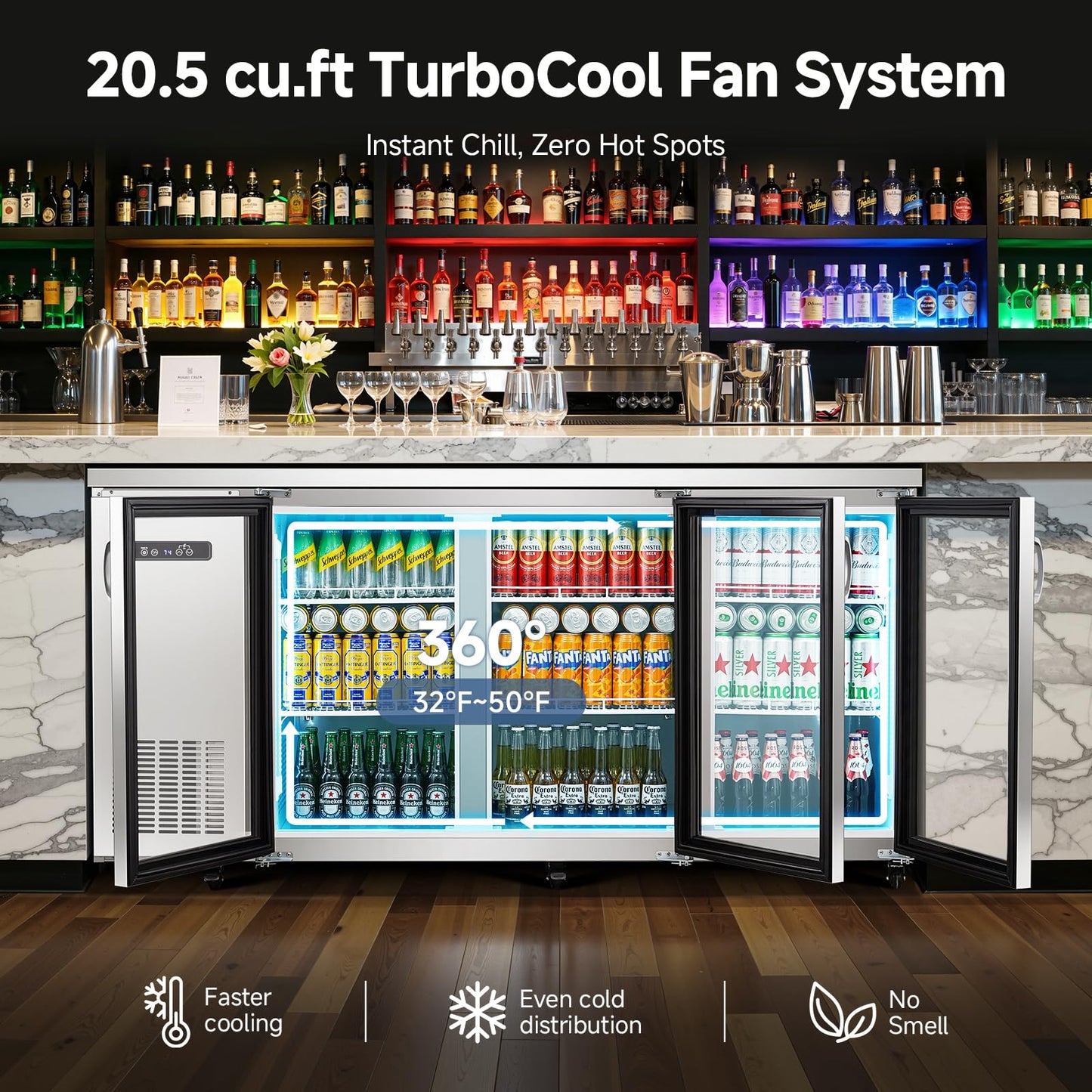 BODEGACOOLER 20.5 Cu.Ft Commercial Back Bar Refrigerator - 3 Glass Door Beverage Cooler for Beer, Soda, Wine with LED Display & SUS304 Stainless Steel Exterior