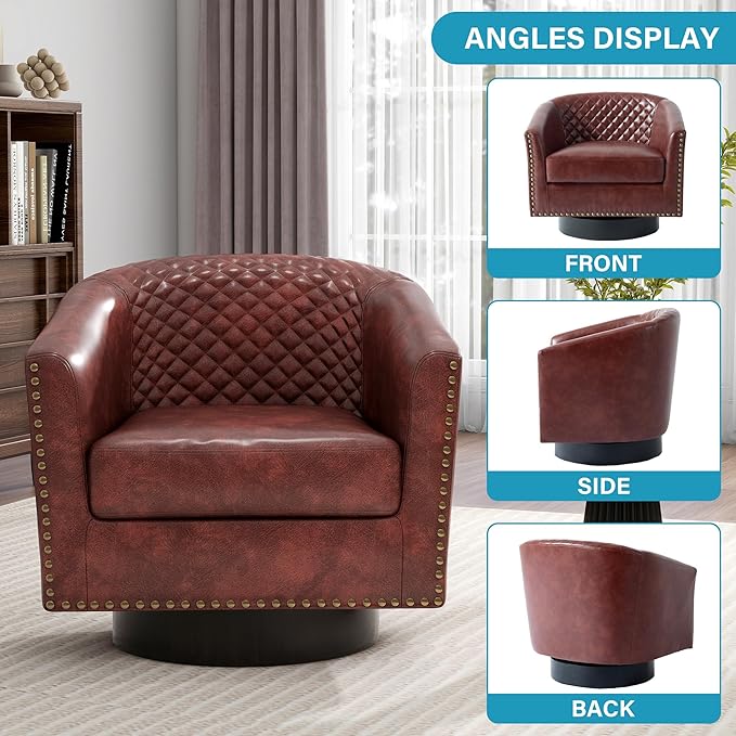 UIXE Faux Leather Swivel Accent Chairs Set of 2, Upholstered Barrel Club Chair for Living Room, Round Armchair Comfy Single Sofa Bedroom Reading Seat - Red Brown