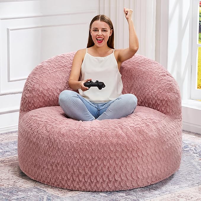 Hobestluk Bean Bag Chair Giant Bean Bag Chairs for Adults Big Bean Bag Chair with Memory Foam Filler Adults Large Beanbag with Faux Fur Cover for Bedroom (Chevron Pink,Large)