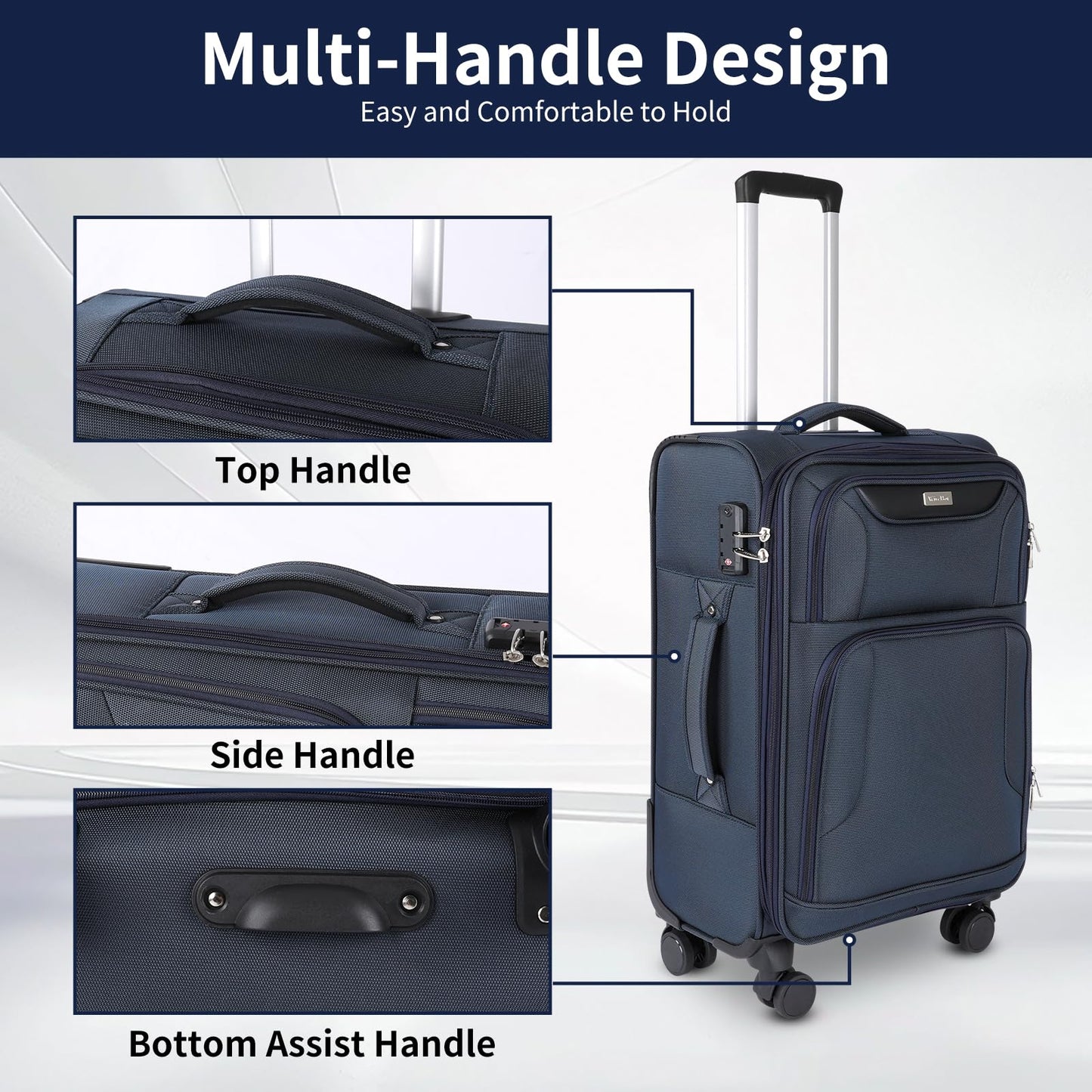 WireHot 3-Piece Softside Expandable Luggage Set with Front Open Pocket, Lightweight and Durable Oxford Fabric Suitcase Set with TSA Lock (Blue, 20in/24in/28in)