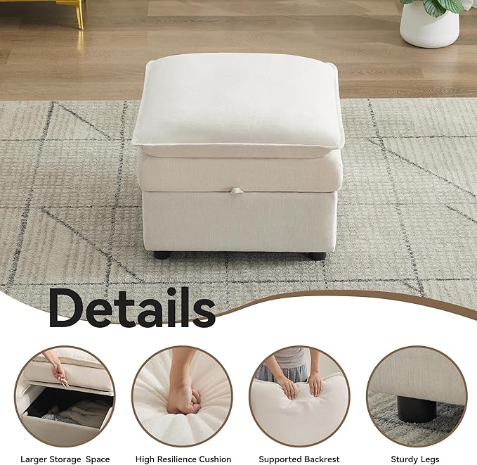 Abbrevi 27" Large Square Ottoman with Storage, Modern Upholstered Footrest with Anti-Slip Legs for Couch Coffee Table Living Room, Bedroom, Entryway, Chenille Beige
