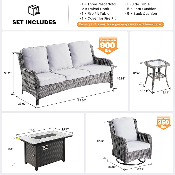 ovios 5 Pieces Patio Furniture Set, Outdoor Wicker Sofa Couch with Swivel Chairs 42" Fire Pit Table, High Back Modern All Weather Conversation Sets, Grey Rattan, Grey