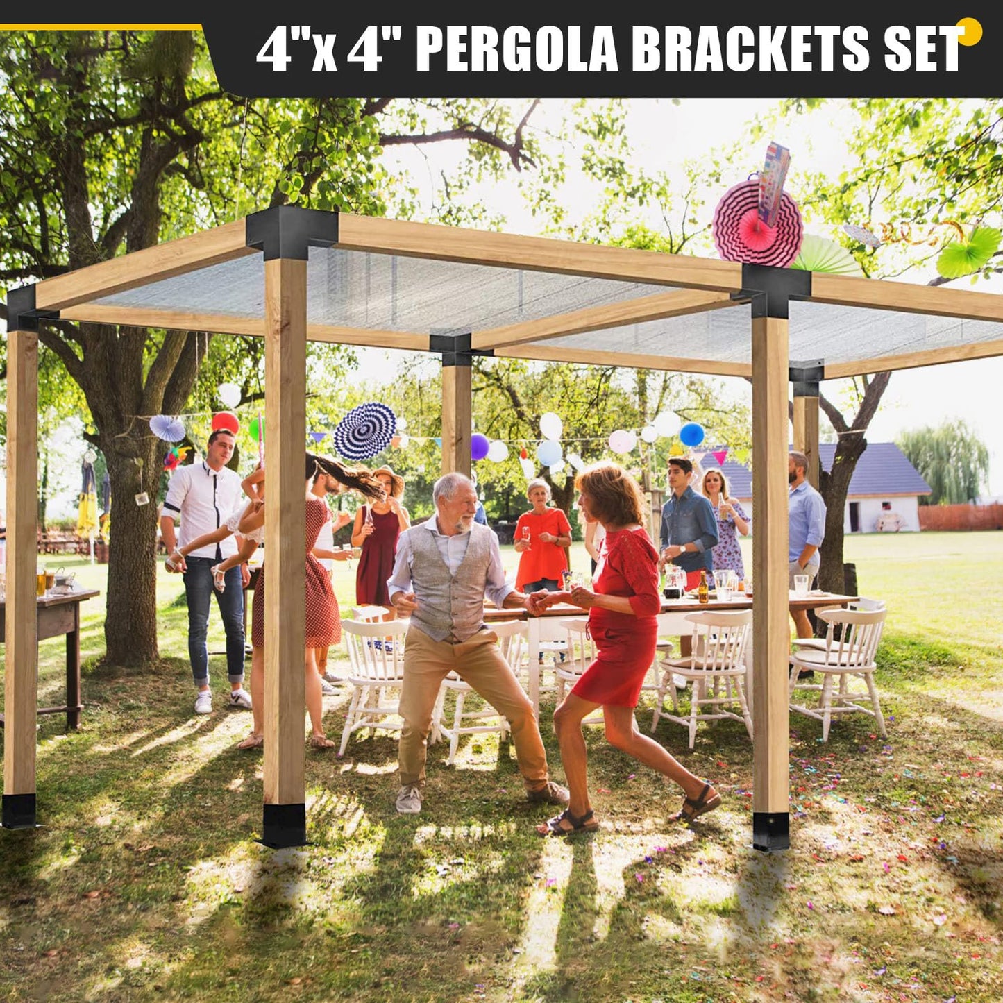 Kinchoix 4x4 Woodworks Pergola Brackets Kit, 3-Way Corner Extension, Black Powder Coated, Metal Brackets for Wood Beams, Fence, Carport (Actual: 3.5"x3.5")