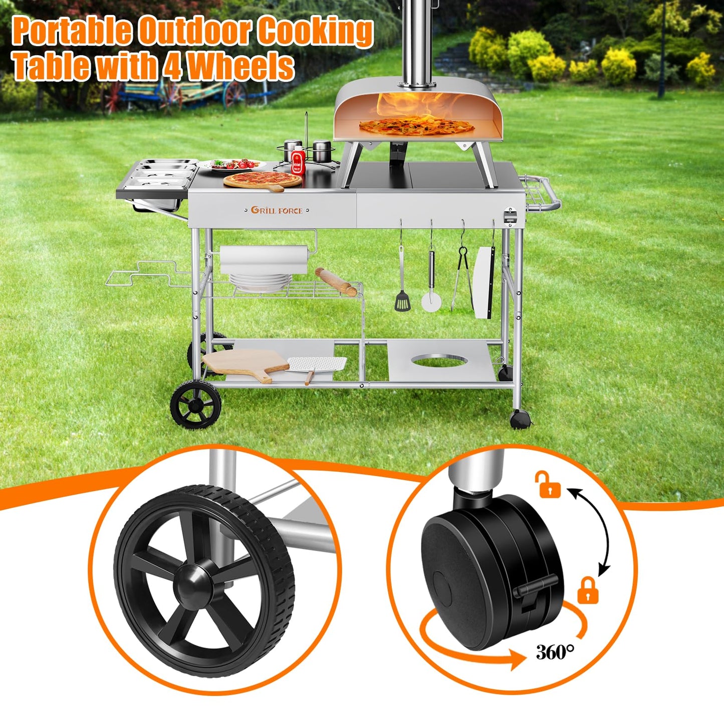 GRILL FORCE Pizza Oven Table with Topping Station, Outdoor Pizza Oven Cart, Grill Table for Outside, Grill Cart, Food Prep Work cart Fits for Ninja Woodfire Grill, Blackstone Griddle,Tabletop Grill