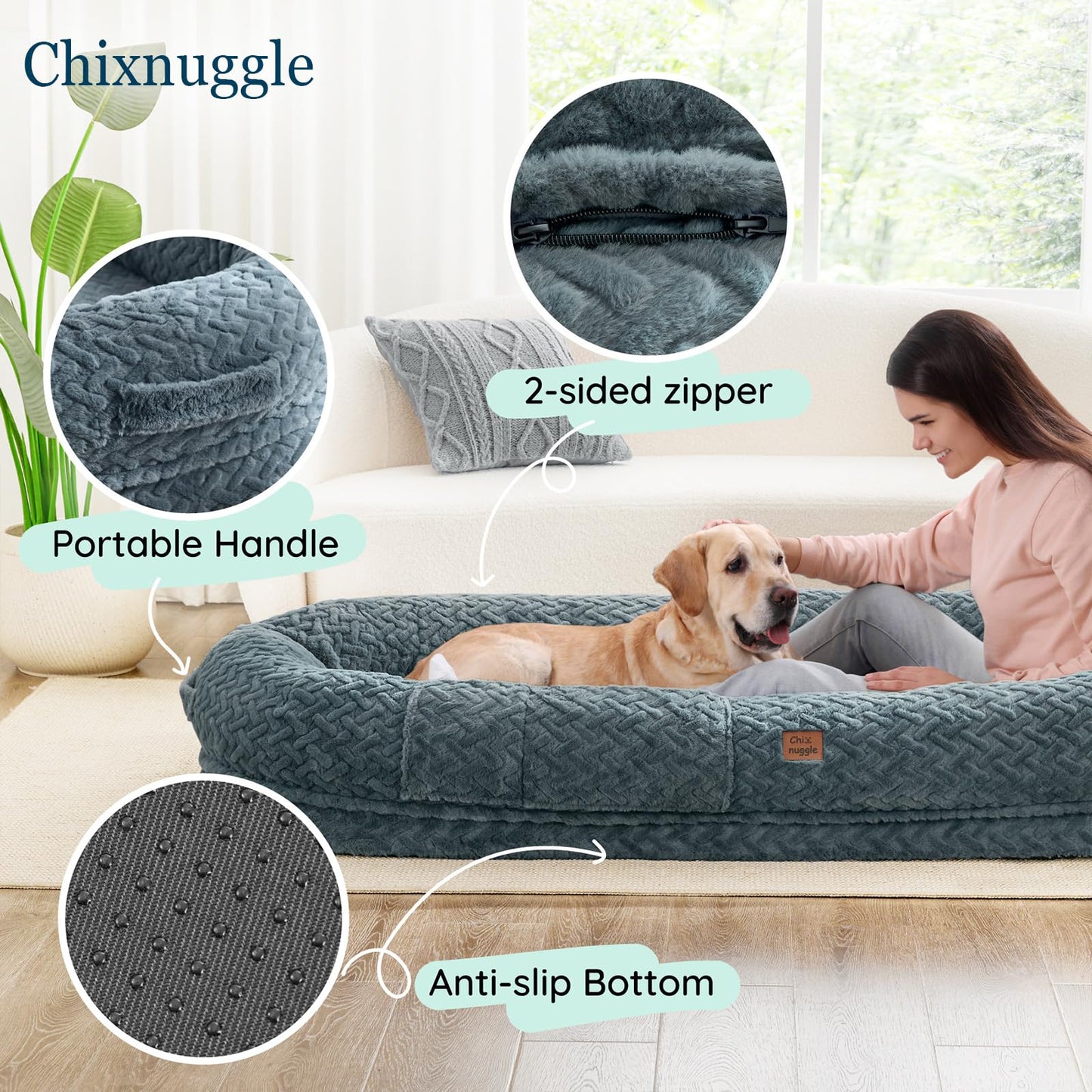 ChiXnuggle Human Dog Bed for Adult - Luxury Faux Fur Giant Size Dog Bed with Portable Handle, Egg Orthopedic Foam Bed with Blanket, 72"x40"x10", Grayish Blue