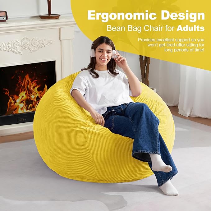 Homguava 3.5FT Bean Bag Chair: Teardrop Bean Bags with Memory Foam Filled, Compact Beanbag Chairs Soft Sofa with Corduroy Cover (Yellow)