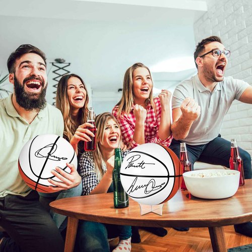 Hiboom Autograph Basketball with Acrylic Ball Stand Operation Christmas Signing Autograph Ball Panel Blank Signature Official for High School College Coach Gift(4 Pcs,White and Brown,Size 7)