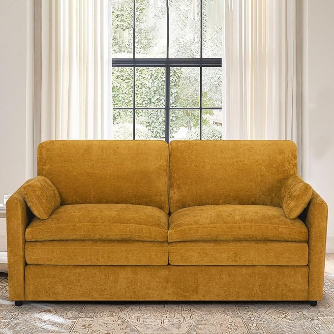 ACMEASE 69” Chenille Loveseat Sofa w/Arm Pillows, Upholstered 2-Seater Sofa w/Comfortable Back Cushions, Modern 2 Seats Couch w/High-Density Foam for Living Room, Apartment, Office, Yellow