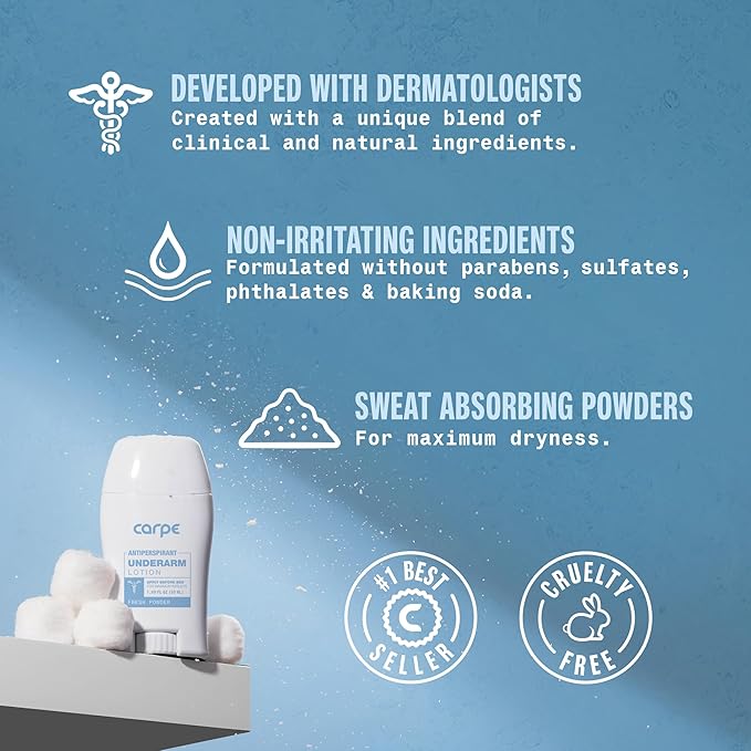 Carpe Deodorant and Antiperspirant for Women and Men, Clinical strength with Fresh Powder scent, Combat excessive sweating, Great for hyperhidrosis (Pack of 2)