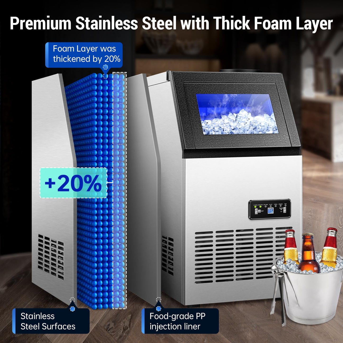 Amzgachfktch Commercial Ice Maker 120lbs/24H with 2 Water Inlet, Ice Maker Machine with 33lbs Storage, Auto Self-Cleaning, Under Counter/Freestanding Ice Maker for Home Shop Bar