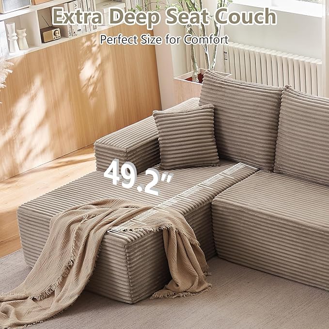 Sectional Cloud Couch for Living Room, Modular Floor Deep-Seat Sofa, Big Comfy Corduroy Couches Set with Fluffy Memory Foam, Stupendous U Shaped Sofas, No Assembly Required, Camel
