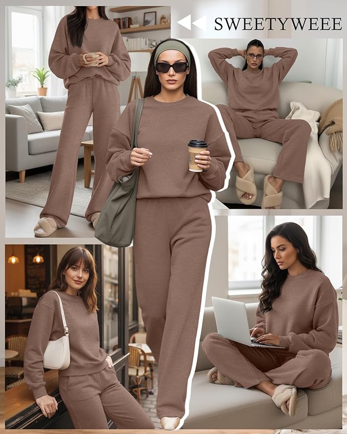 Sweetyweee Women's 2 Piece Outfits Set Fleece Lined Lounge Sweatsuit Crewneck Pullover Top Wide Leg Pants Casual Tracksuit