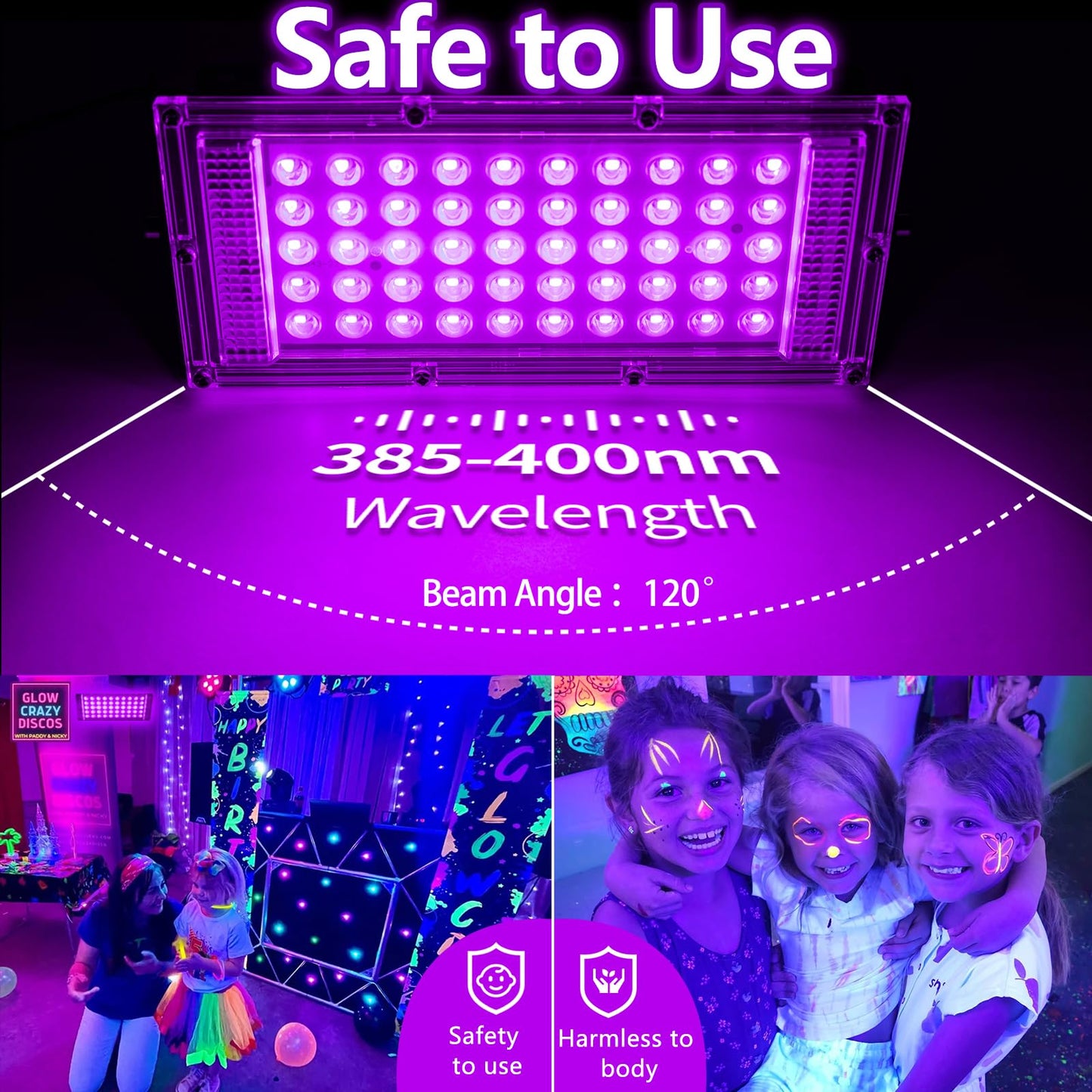 Akpgf 4 Pack 50W Black Light, LED Blacklight Flood Light with US Plug and Switch, Black Lights for Glow Party,Halloween,Body Painting,Birthday Party,Fluorescent Painting and Fluorescent Tapestry