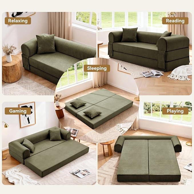 GJQ Convertible Folding Sofa Bed,78.5 Inch Faux Leather Futon Couch with Pillows & Storage Pocket,5-in-1 Queen Sleeper Sofa in a Box with Pull Out Bed,Boneless Couch for Living Room Bedroom,Green