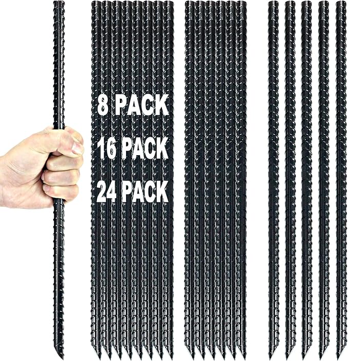 IHOSHENG 16 Inch Ground Rebar Stakes Heavy Duty Steel Ground Anchors for Outdoor, Straight Metal Stakes with Chisel Point end, Black Powder Coated (24)