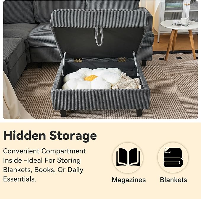 120" U Shaped Modular Sectional Sleeper Sofa, Soft Corduroy Sectional with Armrests, 2 Cup Holders & 2 USB Ports, 21" Deep Seat Cloud Couch for Living Room, Bedroom Office (Grey, 4 Seat + 2 Ottoman)