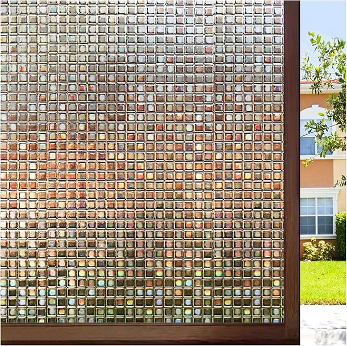 rabbitgoo Window Privacy Film Stained Glass Window Film, Mosaic Rainbow Decorative Glass Cling, Removable Static Cling Tint, Non-Adhesive Privacy Covering for Home, Brown, 35.4 x 118.1 inches