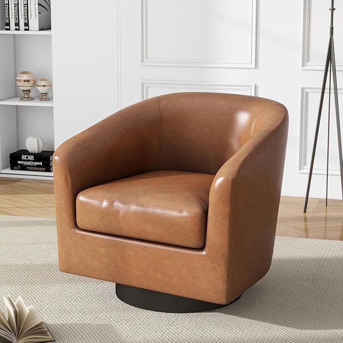 UIXE Faux Leather Swivel Barrel Accent Chair, Upholstered Armchair Club Chair for Living Room, Round Arm Chair Bedroom Single Sofa Reading Seat - Brown