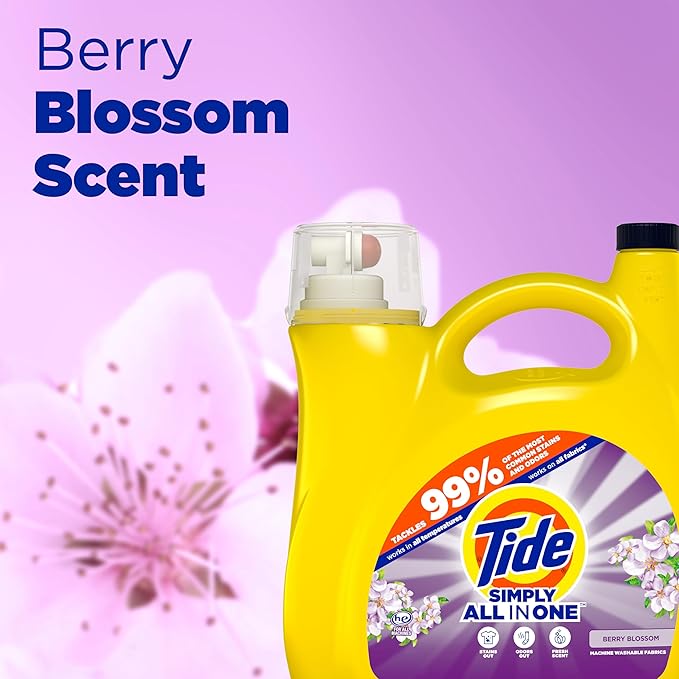 Tide Simply All-In-One Liquid Laundry Detergent, Berry Blossom Scent, 138 Loads, 182 fl oz