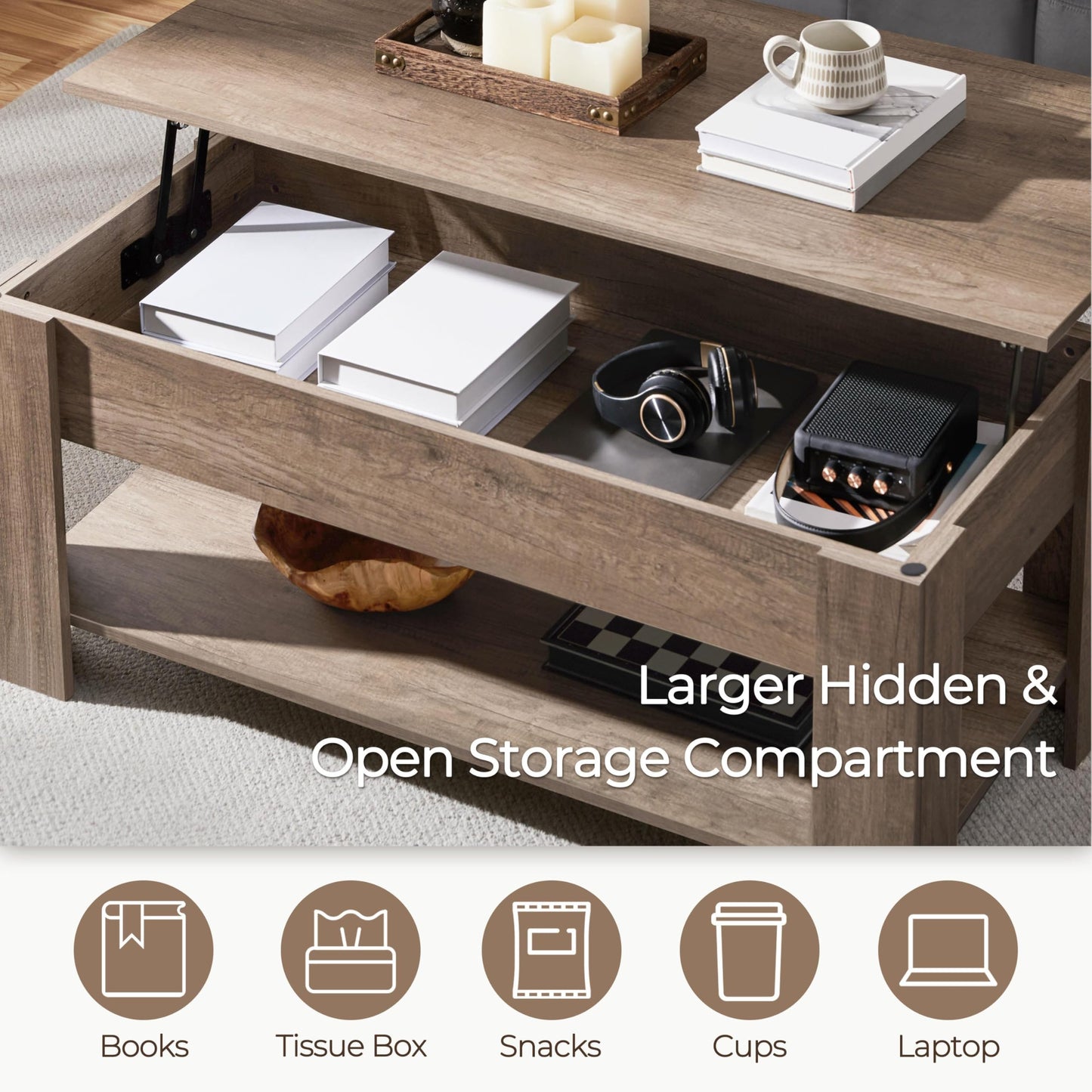Yaheetech Lift Top Coffee Table with Hidden Compartment and Storage Shelf, Rising Tabletop Dining Table for Living Room Reception Room, 38.6in L, Grey
