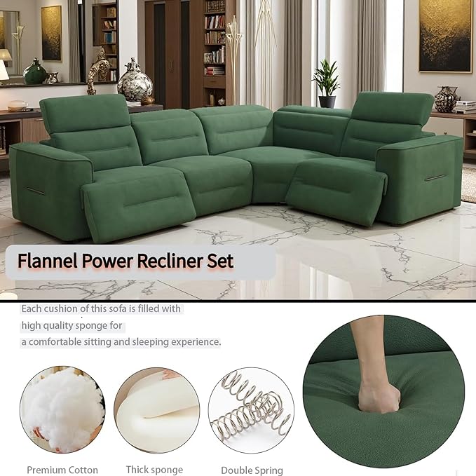 Power Recliner Sectional Sofa Set with USB Ports, Flannel Recliner Sofa Set with Adjustable Headrest, Reclining Sectional Couches, L-Shaped Living Room Furniture Set (Green, 4-Seater)