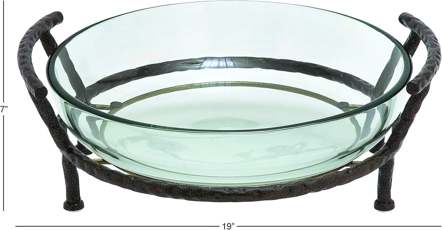 Deco 79 Tempered Glass Kitchen Serving Bowl with Brown Metal Base, 19" x 16" x 7", Clear