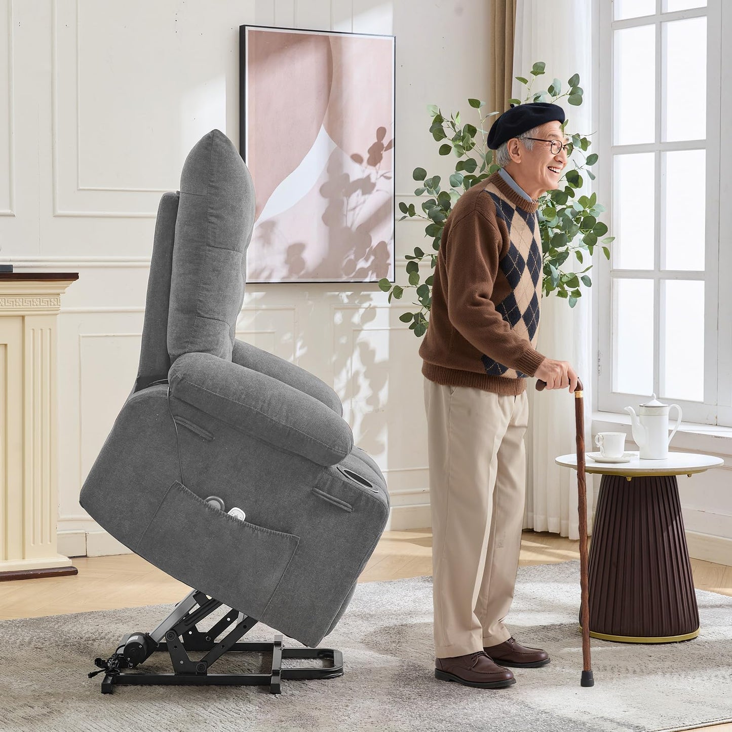 Power Lift Recliner Chair for Elderly - Electric Massage & Heat Recliner with 45° Assist Stand, Living Room Sofa for Small Space Furniture, Swivel Rocker with Cup Holders, Reclining Lounge for Adults