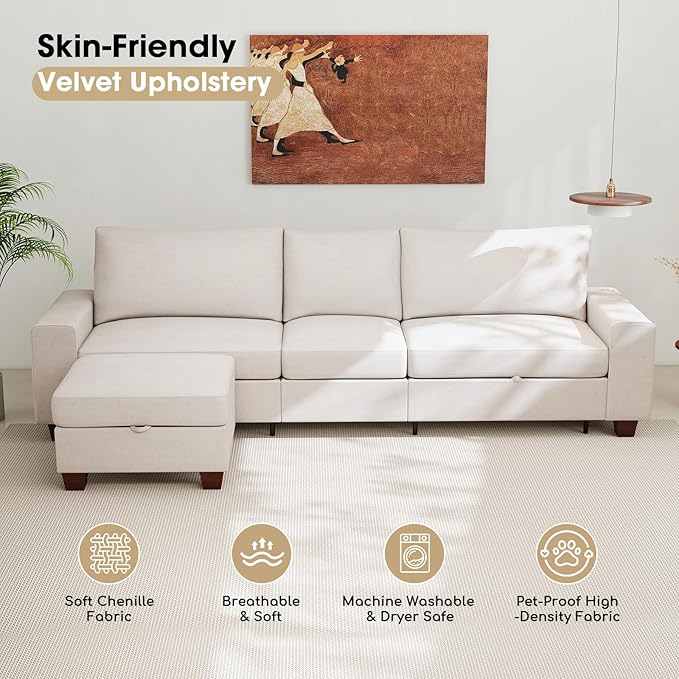 Couchus 112“ Convertible Storage Sectional Sofa,L Shaped Couch with Storage Ottoman,Multi-Functional Reversible Sofa with Huge Storage Space, Breathable Fabric (Beige)