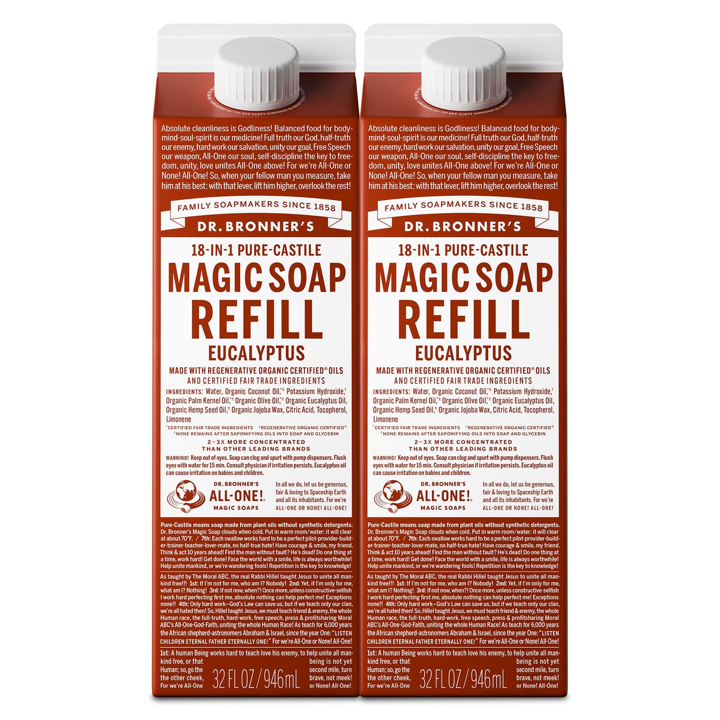 Dr. Bronner's Magic Soap-Pure-Castile Liquid Refill (Eucalyptus, 32 ounce, 2-Pack) - Regenerative Organic Certified Oils, For Bo
