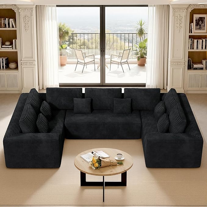 136'' Large Sectional Cloud Couches with Chaise, U Shaped Boneless Loveseat Sofa, No Assembly Required Deep Seat Modular Lounge for Living Room 3PCS Set, Bedroom(Black)