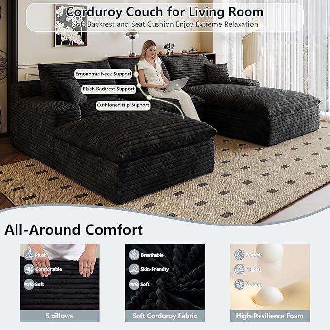 107" Cloud Sectional Couch U-Shaped Chaise with Ottoman, Corduroy Boneless Couch for Living Room Bedroom, Deep-Seat Upholstered Modular Cloud Sofa, No Assembly Required (Black, Right Facing Chaise)