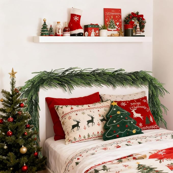 2 Pcs 9 Ft Norfolk Pine Garlands, Artificial Real Touch Winter Christmas Green Greenery Garlands for Mantle, Fireplace, Table, Wall, Outdoor, Indoor Christmas Decorations (9 FT, 2)