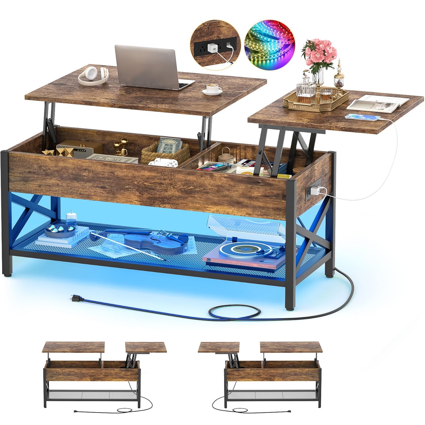 Aheaplus Coffee Table with LED Light and Power Outlet, Modern Lift-Top Center Table with Storage Shelf, for Living Room with Lift Tabletop, X Support Metal Frame, Rustic Brown