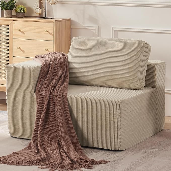 Furnify 40" Modular Upholstered Foam Couch, Upholstered Floor Sofa Couch with Pillow, Single Sofa for Bedroom Living Room, No Assembly Required (Corduroy Fabric, Beige)