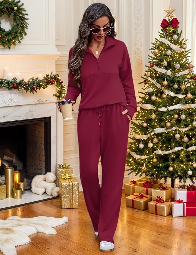 Totatuit Womens Sweatsuits 2 piece Set Lapel Half Zip Lightweight Sweatshirts and Wide Leg Pants Tracksuit Lounge Sets