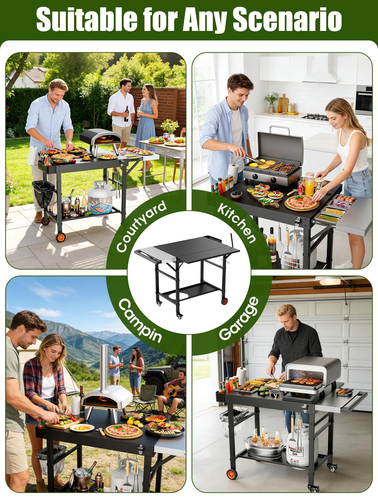Outdoor Pizza Oven Table, Movable Grill Side Table, Expansive Countertop Pizzas Oven Accessories, Pizzas Stands for Party with Wheels, Fits Ooni Blackstone Ninja Cuisinart Gozney