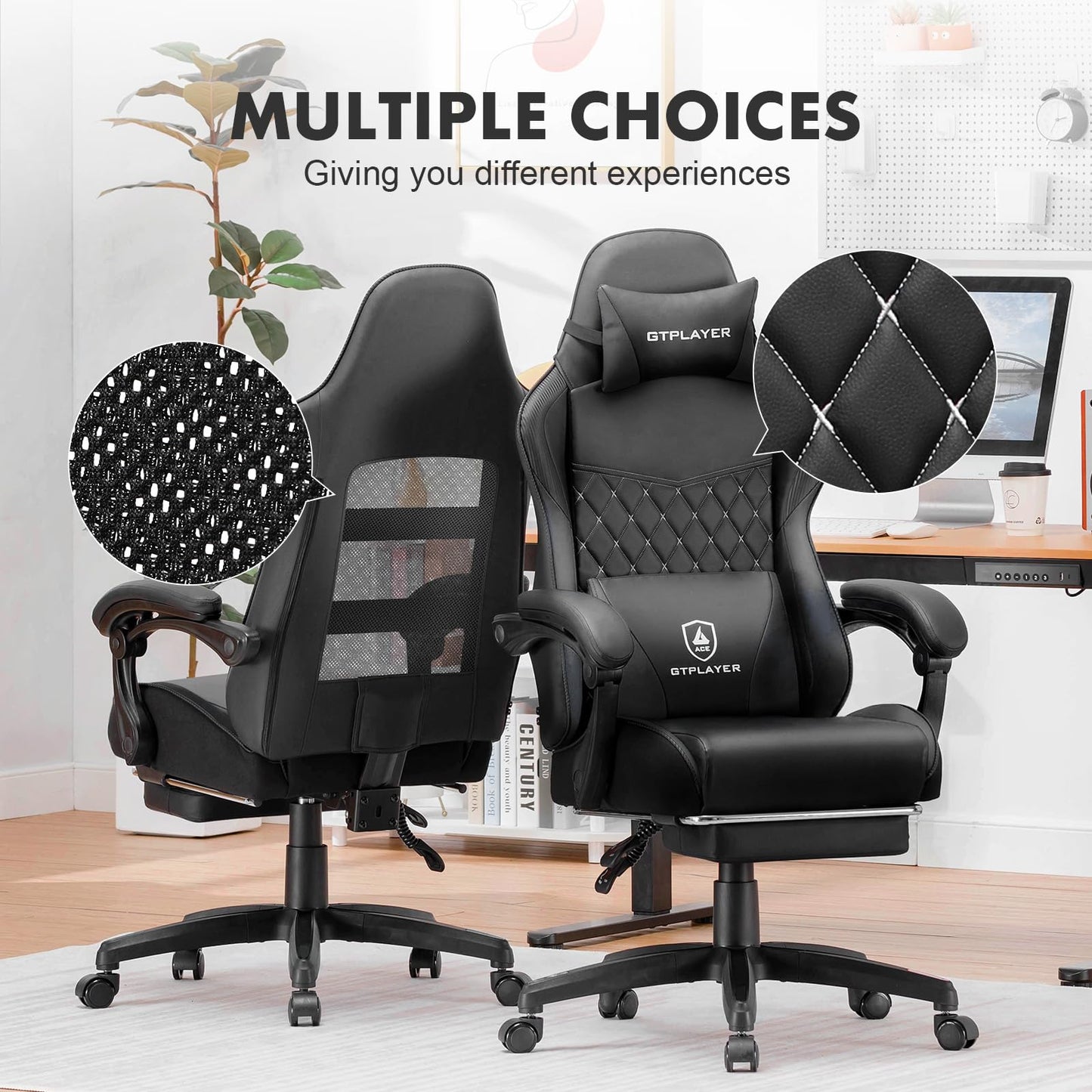 GTPLAYER Gaming Chair, High Back Leather Computer Game Chair with Footrest, Ergonomic Height Adjustable Office Chair with Removable Cover and Lumbar Support for Gaming and Work (Black)