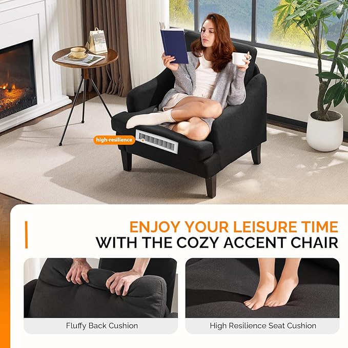 VINGLI Linen Fabric Accent Chairs Set of 2, Black Modern Upholstered Armchair, Comfy Sofa Chair Living Room Bedroom Furniture for Apartment