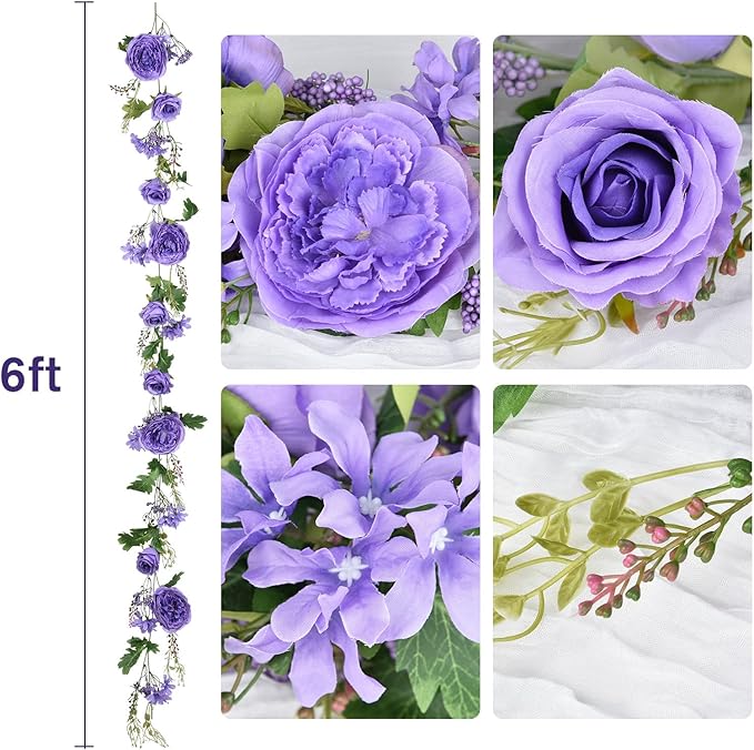 DearHouse 2Pack Artificial Peony Flower Garland - 6ft/Strand Silk Peony Garland with Pink Flowers for Wedding Party Table Decoration,Deep Ruby (Purple)