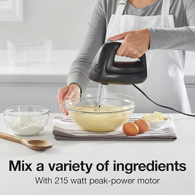 Proctor Silex Easy Mix 5-Speed Electric Hand Mixer with Bowl Rest, Compact and Lightweight, 215 Watts of Peak Power, Storage Case, Black (62512)
